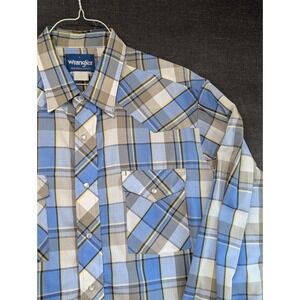 Vintage Wrangler Western Shirt L Blue Gray Plaid Pearl Snap Cowboy Long Sleeve